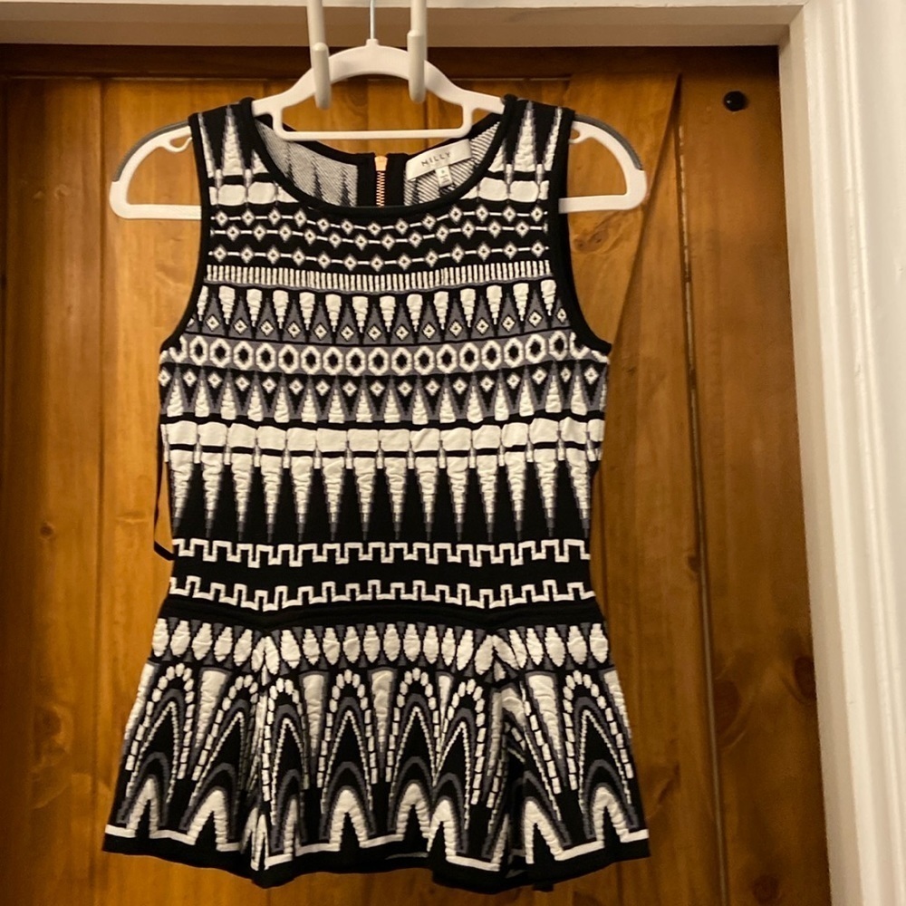 Milly Woman’s Graphic Jacquard Flare Shell-Blavk/White Petite NWT - Picture 1 of 8